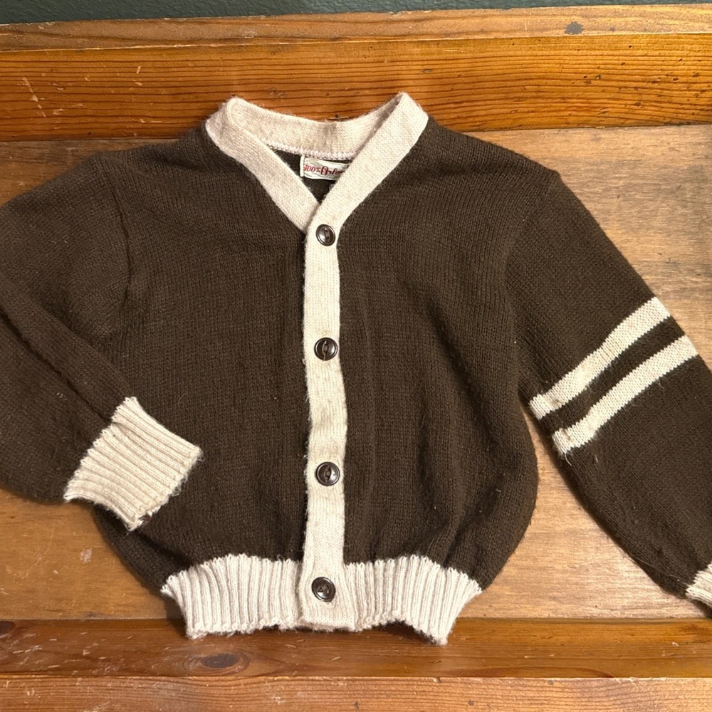 Vintage 60s Kids Cardigan Brown/Cream Orlon Acrylic Sweater Toddler Varsity Vibe